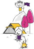 Children camping with tent trees and campfire