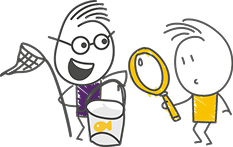 Children with a fish in a bucket and a magnifying glass