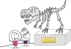 Children looking at a dinosaur skeleton in a museum